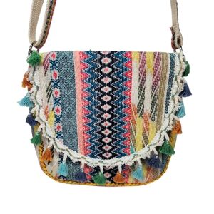 Katydid Boho Canvas Crossbody Bag  MultiColor Tassel Fringe Hippie Festival Knit